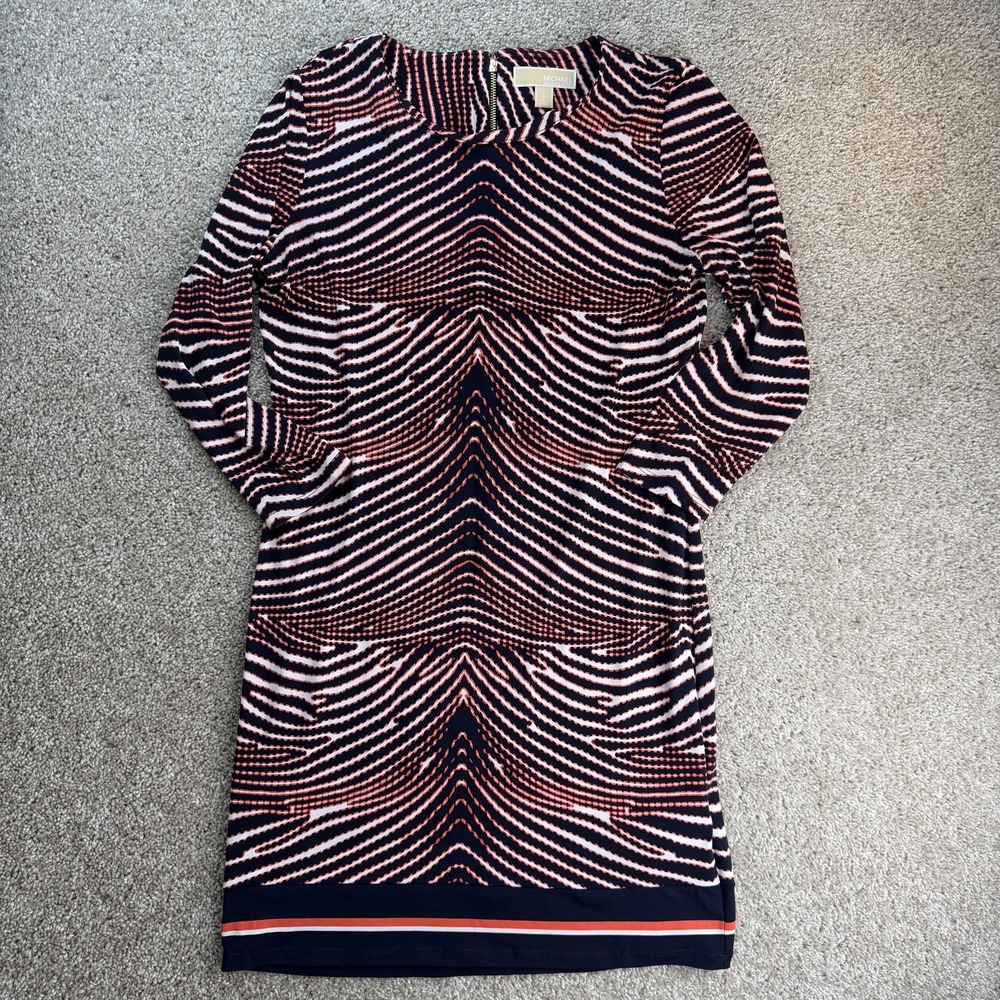 MICHAEL Michael Kors Dress Womens 8 Blue Striped Long Sleeve Scoop Neck Sheath